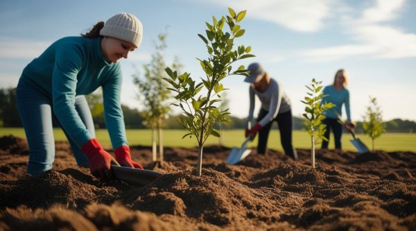 Tres personas plantando arbolitos en un terreno recién preparado